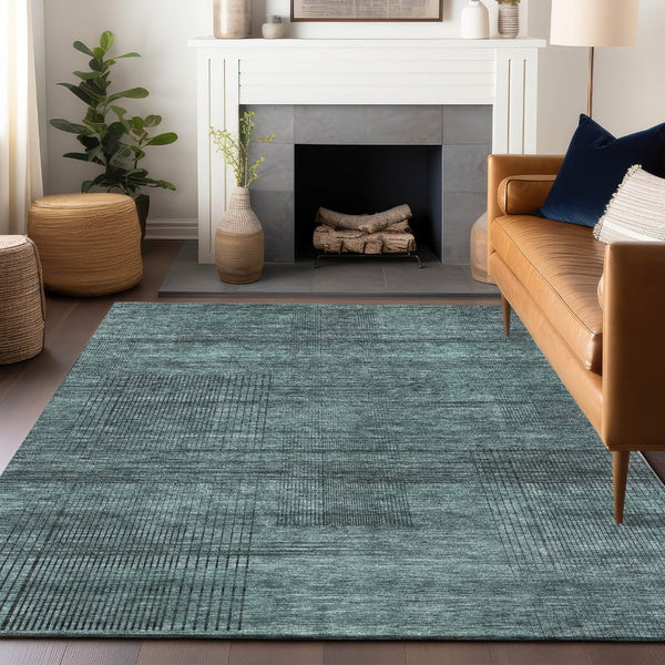 HomeRoots 9' X 12' Teal and Gray Striped Area Rug - Washable, UV Protected, Soft, Durable for High Traffic Spaces 666505