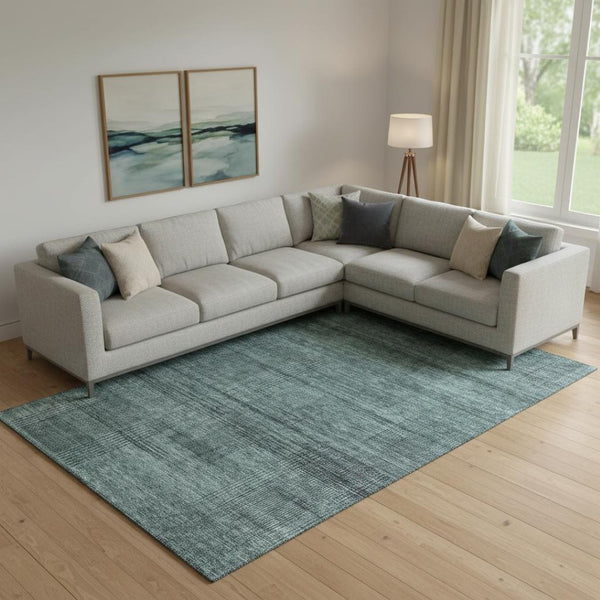 HomeRoots 10' X 14' Stylish Teal and Gray Striped Washable Area Rug with UV Protection for Busy Homes 666506
