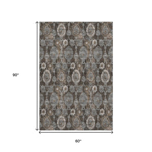 HomeRoots 5' X 8' Chocolate Beige & Gray Damask Washable Area Rug - Stain-Resistant, UV Protected Elegance 666526