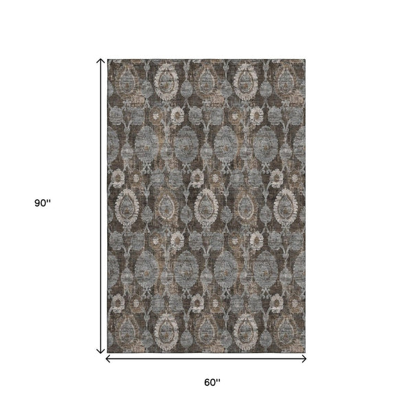 HomeRoots 5' X 8' Chocolate Beige & Gray Damask Washable Area Rug - Stain-Resistant, UV Protected Elegance 666526