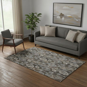 HomeRoots 5' X 8' Chocolate Beige & Gray Damask Washable Area Rug - Stain-Resistant, UV Protected Elegance 666526