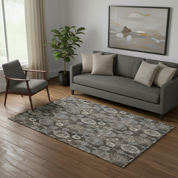 HomeRoots 5' X 8' Chocolate Beige & Gray Damask Washable Area Rug - Stain-Resistant, UV Protected Elegance 666526
