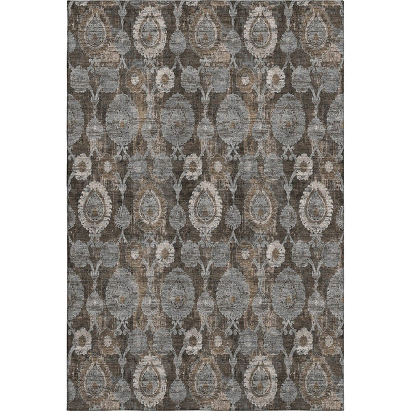 HomeRoots 5' X 8' Chocolate Beige & Gray Damask Washable Area Rug - Stain-Resistant, UV Protected Elegance 666526