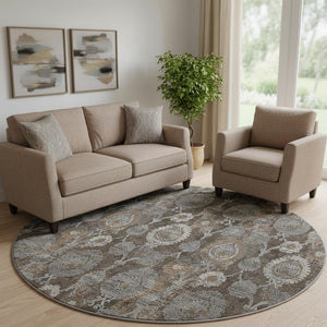 HomeRoots 8' Stylish Chocolate Beige & Gray Damask Washable Round Rug with UV Protection for Everyday Use 666527