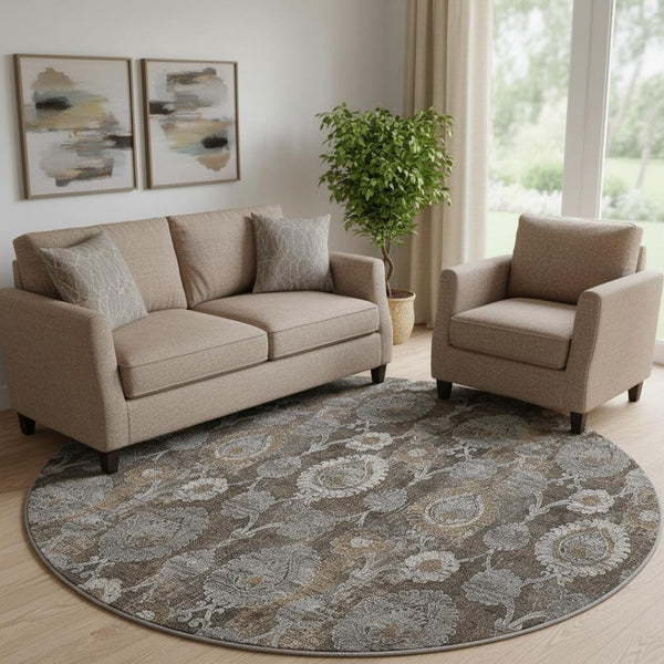HomeRoots 8' Stylish Chocolate Beige & Gray Damask Washable Round Rug with UV Protection for Everyday Use 666527