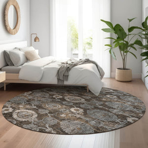 HomeRoots 8' Stylish Chocolate Beige & Gray Damask Washable Round Rug with UV Protection for Everyday Use 666527