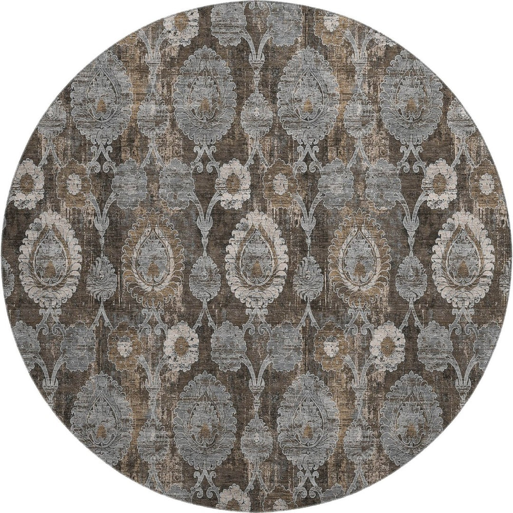 HomeRoots 8' Stylish Chocolate Beige & Gray Damask Washable Round Rug with UV Protection for Everyday Use 666527