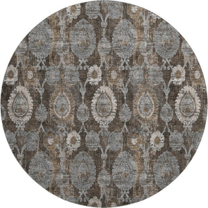 HomeRoots 8' Stylish Chocolate Beige & Gray Damask Washable Round Rug with UV Protection for Everyday Use 666527