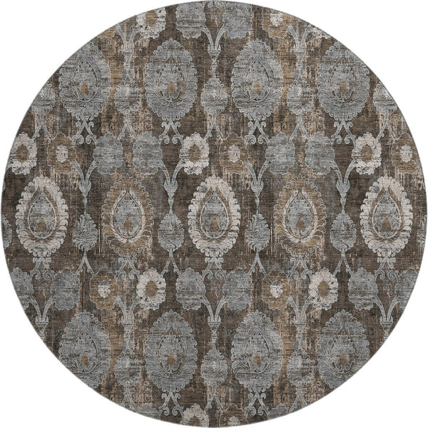 HomeRoots 8' Stylish Chocolate Beige & Gray Damask Washable Round Rug with UV Protection for Everyday Use 666527