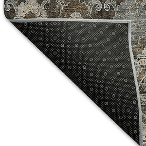 HomeRoots 8' Stylish Chocolate Beige & Gray Damask Washable Round Rug with UV Protection for Everyday Use 666527