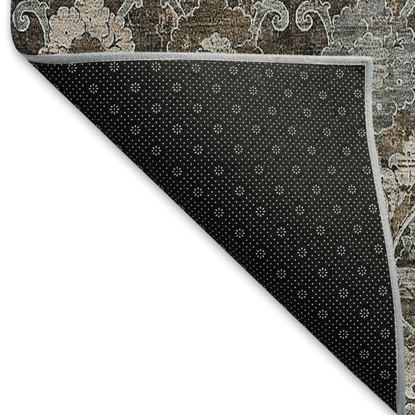 HomeRoots 8' Stylish Chocolate Beige & Gray Damask Washable Round Rug with UV Protection for Everyday Use 666527