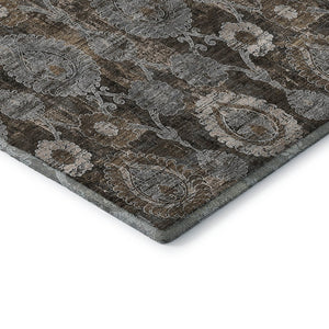 HomeRoots 8' Stylish Chocolate Beige & Gray Damask Washable Round Rug with UV Protection for Everyday Use 666527