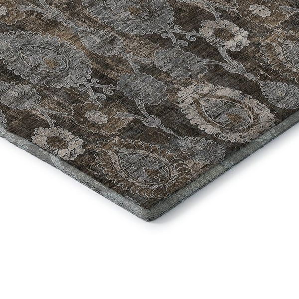 HomeRoots 8' Stylish Chocolate Beige & Gray Damask Washable Round Rug with UV Protection for Everyday Use 666527