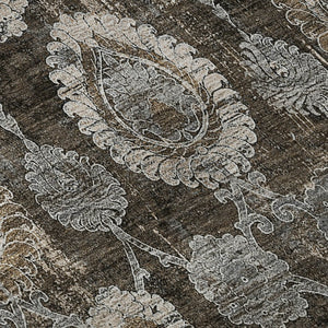 HomeRoots 8' Stylish Chocolate Beige & Gray Damask Washable Round Rug with UV Protection for Everyday Use 666527