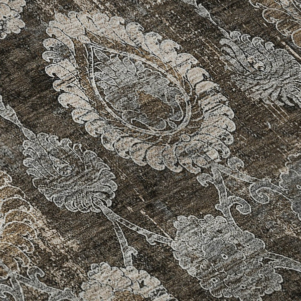 HomeRoots 8' Stylish Chocolate Beige & Gray Damask Washable Round Rug with UV Protection for Everyday Use 666527