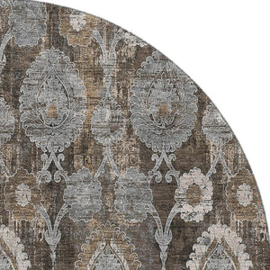 HomeRoots 8' Stylish Chocolate Beige & Gray Damask Washable Round Rug with UV Protection for Everyday Use 666527