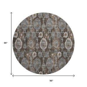 HomeRoots 8' Stylish Chocolate Beige & Gray Damask Washable Round Rug with UV Protection for Everyday Use 666527