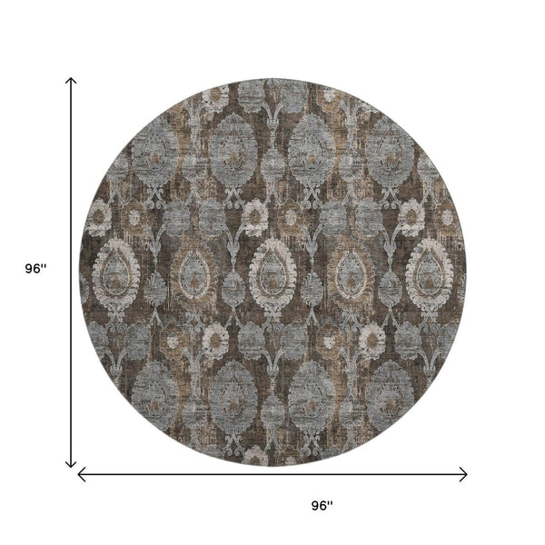 HomeRoots 8' Stylish Chocolate Beige & Gray Damask Washable Round Rug with UV Protection for Everyday Use 666527