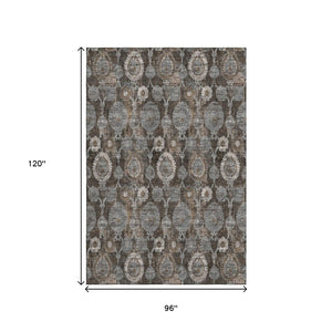 HomeRoots 8' X 10' Chocolate Beige & Gray Damask Area Rug - Washable, Stain-Resistant, UV Protected Elegance 666528