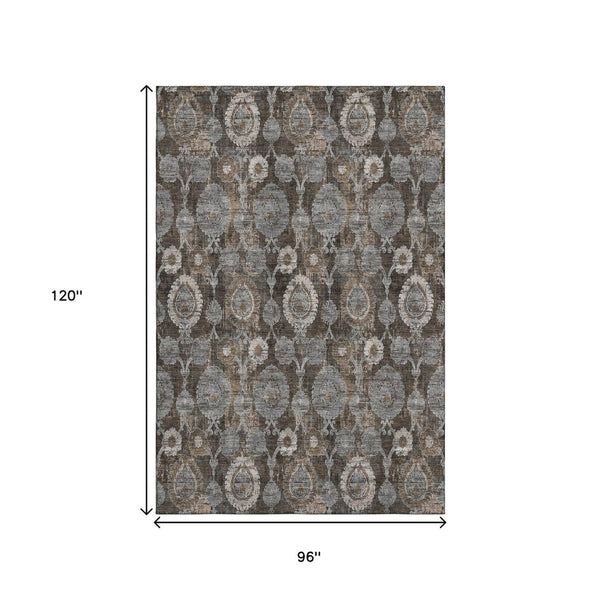 HomeRoots 8' X 10' Chocolate Beige & Gray Damask Area Rug - Washable, Stain-Resistant, UV Protected Elegance 666528