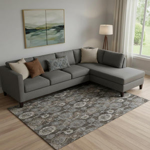 HomeRoots 8' X 10' Chocolate Beige & Gray Damask Area Rug - Washable, Stain-Resistant, UV Protected Elegance 666528