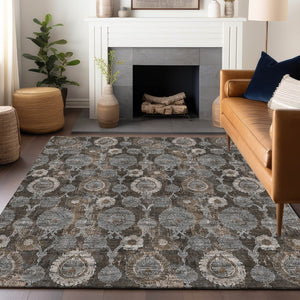 HomeRoots 8' X 10' Chocolate Beige & Gray Damask Area Rug - Washable, Stain-Resistant, UV Protected Elegance 666528