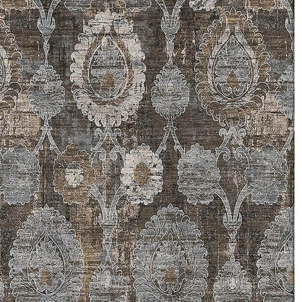 HomeRoots 8' X 10' Chocolate Beige & Gray Damask Area Rug - Washable, Stain-Resistant, UV Protected Elegance 666528