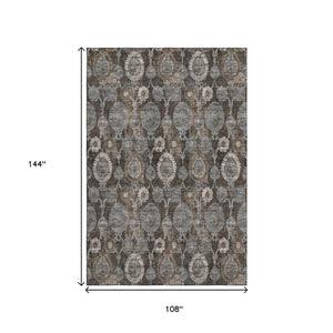 HomeRoots 9' X 12' Damask Washable Area Rug in Chocolate Beige & Gray - UV Protected, Durable & Stylish Design 666529