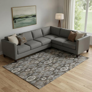 HomeRoots 9' X 12' Damask Washable Area Rug in Chocolate Beige & Gray - UV Protected, Durable & Stylish Design 666529