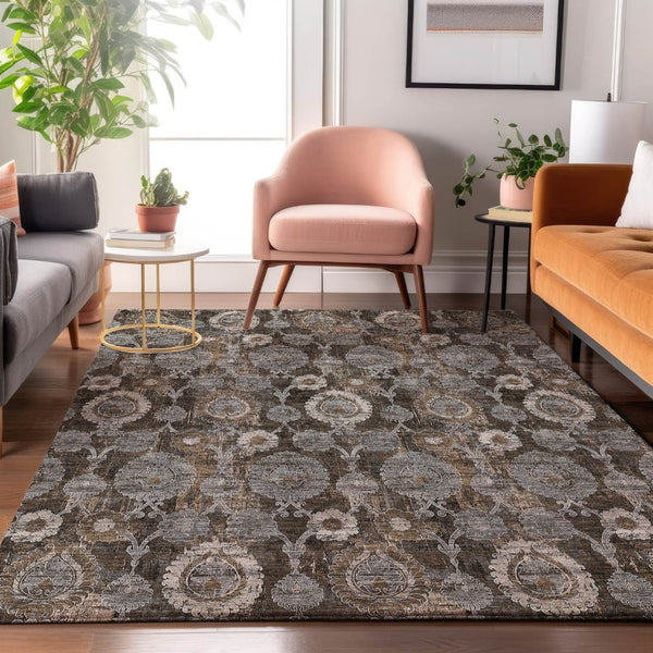 HomeRoots 9' X 12' Damask Washable Area Rug in Chocolate Beige & Gray - UV Protected, Durable & Stylish Design 666529