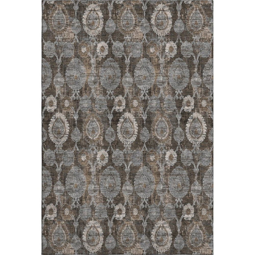 HomeRoots 9' X 12' Damask Washable Area Rug in Chocolate Beige & Gray - UV Protected, Durable & Stylish Design 666529