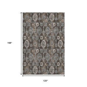 HomeRoots 10' X 14' Elegant Chocolate Beige & Gray Damask Area Rug - Washable, UV Protected, Durable Design 666530