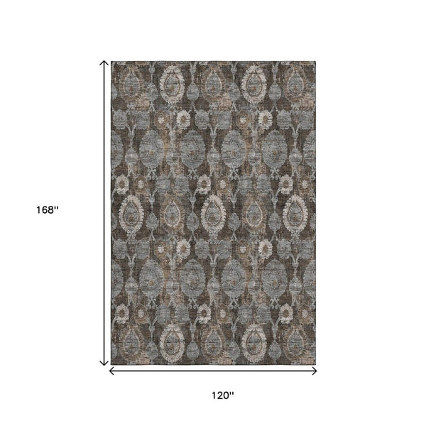 HomeRoots 10' X 14' Elegant Chocolate Beige & Gray Damask Area Rug - Washable, UV Protected, Durable Design 666530