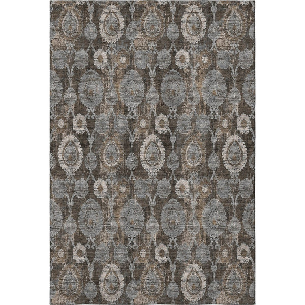 HomeRoots 10' X 14' Elegant Chocolate Beige & Gray Damask Area Rug - Washable, UV Protected, Durable Design 666530