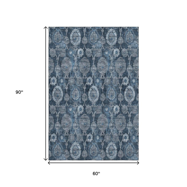 HomeRoots 5' Navy Blue and Gray Damask Area Rug - Washable, UV Protected, Stain Resistant for Busy Homes 666562