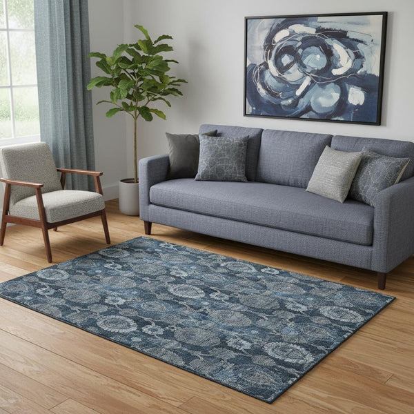 HomeRoots 5' Navy Blue and Gray Damask Area Rug - Washable, UV Protected, Stain Resistant for Busy Homes 666562