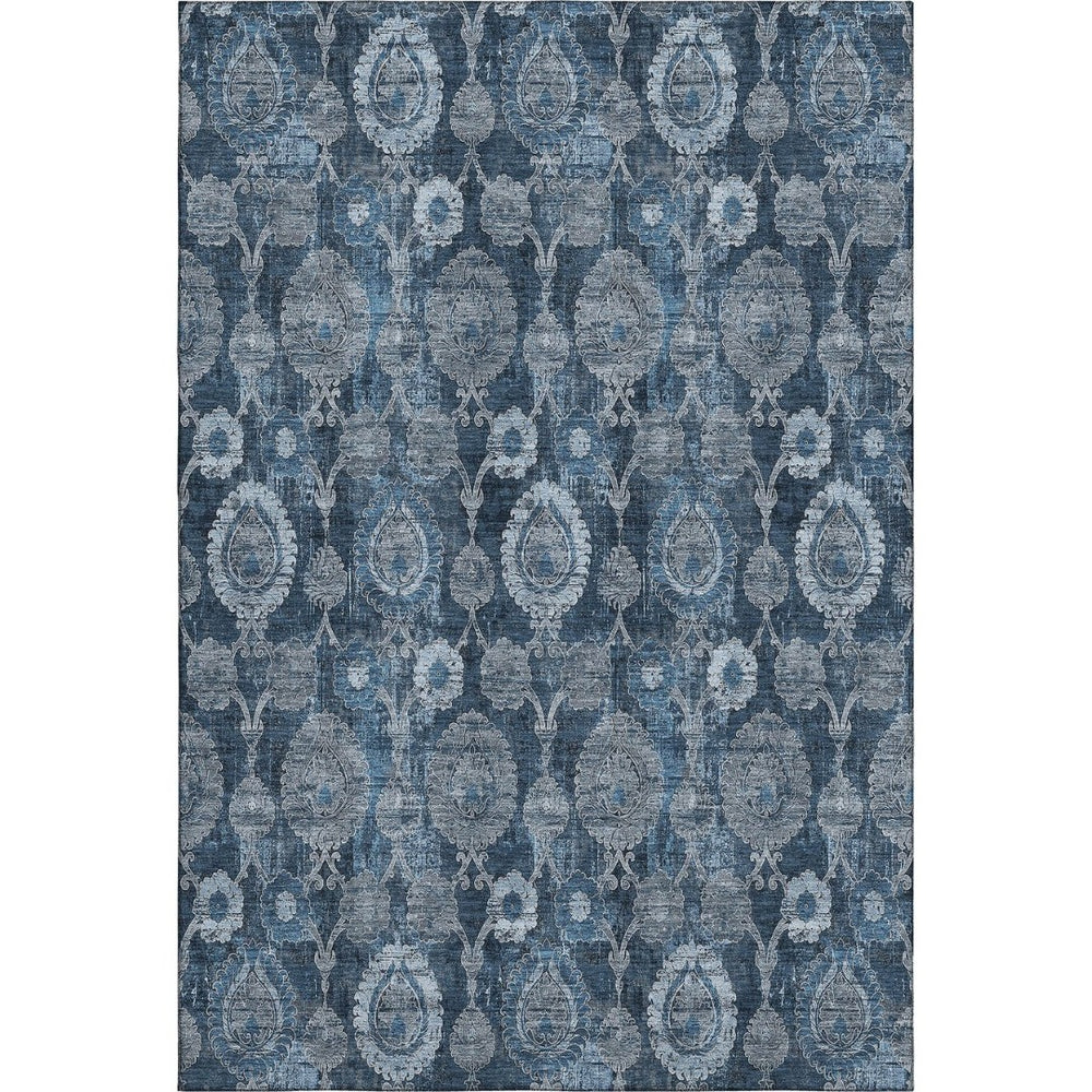 HomeRoots 5' Navy Blue and Gray Damask Area Rug - Washable, UV Protected, Stain Resistant for Busy Homes 666562