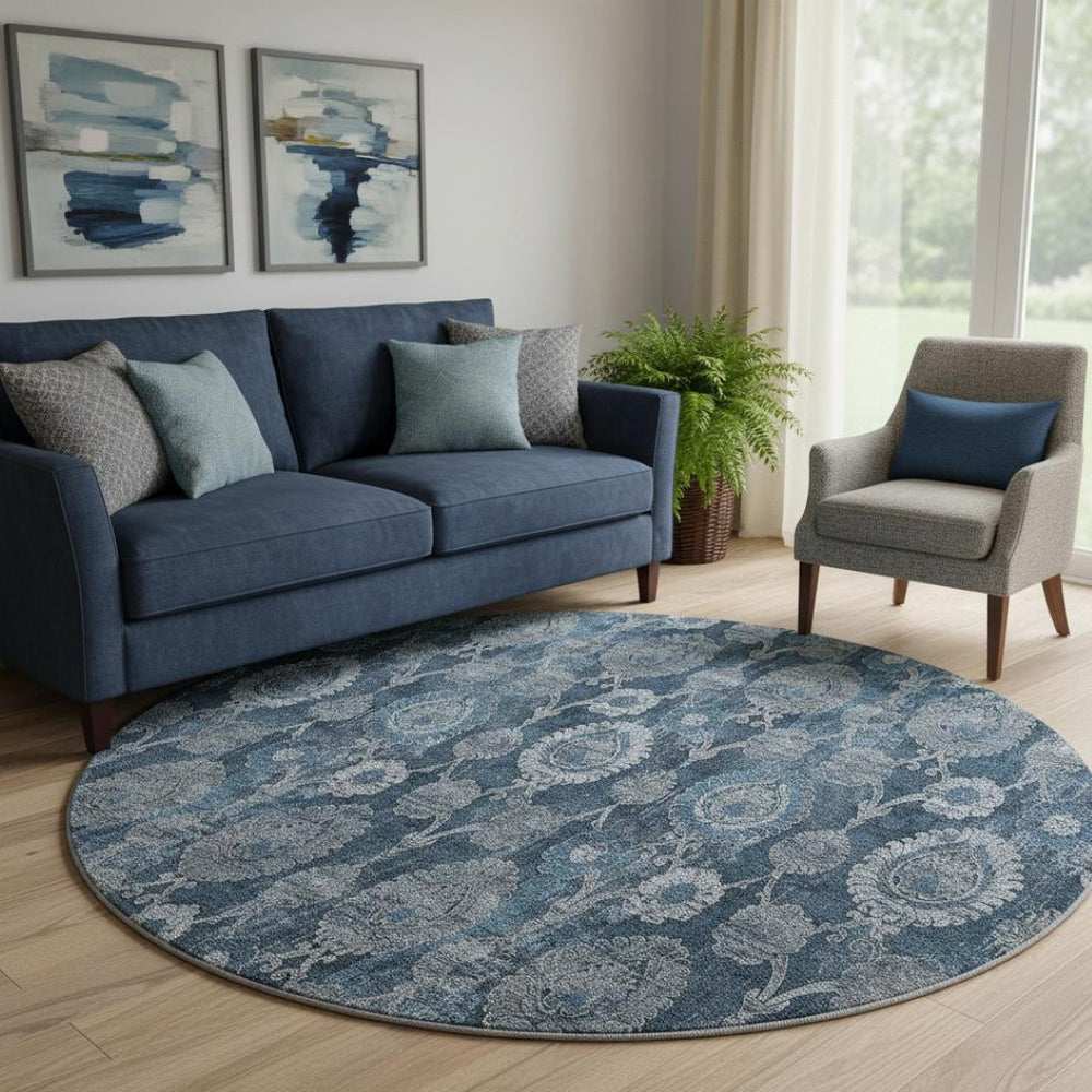 HomeRoots 8' Navy Blue and Gray Damask Round Rug - Stylish, Washable, UV-Protected for Any Room Décor! 666563