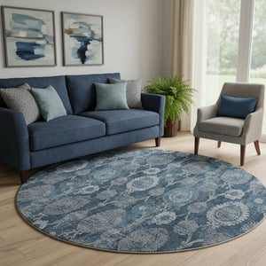 HomeRoots 8' Navy Blue and Gray Damask Round Rug - Stylish, Washable, UV-Protected for Any Room Décor! 666563
