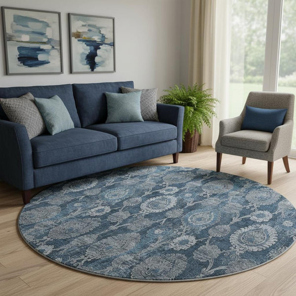 HomeRoots 8' Navy Blue and Gray Damask Round Rug - Stylish, Washable, UV-Protected for Any Room Décor! 666563