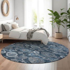 HomeRoots 8' Navy Blue and Gray Damask Round Rug - Stylish, Washable, UV-Protected for Any Room Décor! 666563