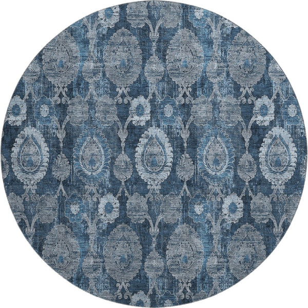 HomeRoots 8' Navy Blue and Gray Damask Round Rug - Stylish, Washable, UV-Protected for Any Room Décor! 666563