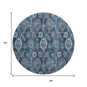 HomeRoots 8' Navy Blue and Gray Damask Round Rug - Stylish, Washable, UV-Protected for Any Room Décor! 666563
