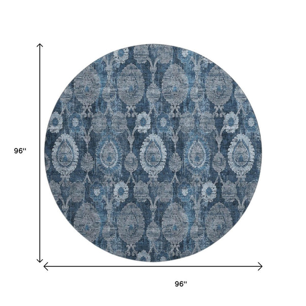 HomeRoots 8' Navy Blue and Gray Damask Round Rug - Stylish, Washable, UV-Protected for Any Room Décor! 666563