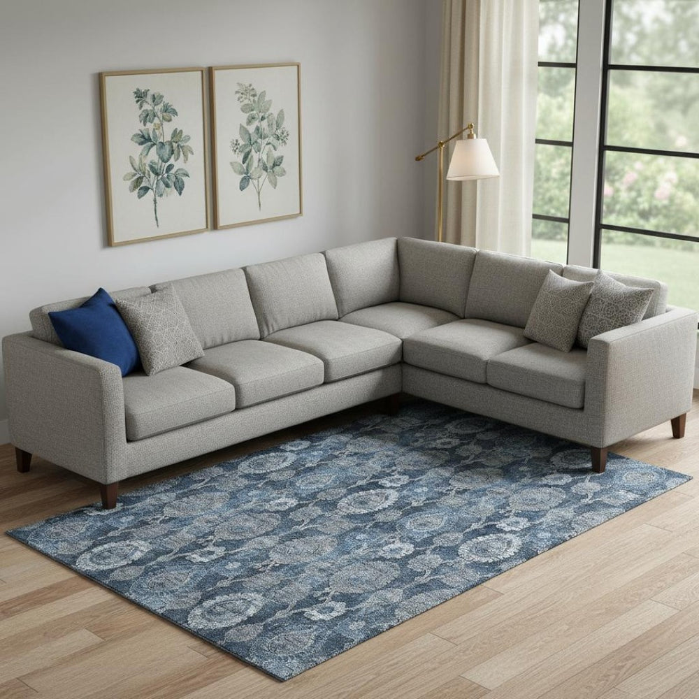 HomeRoots 8' x 10' Navy Blue and Gray Damask Area Rug - Washable, UV Protected, Durable Design for Homes 666564