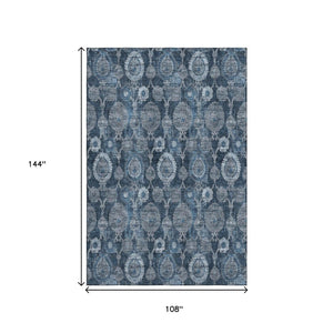 HomeRoots 9' X 12' Navy Blue & Gray Damask Washable Area Rug - Durable, Stain-Resistant, UV Protected Design! 666565