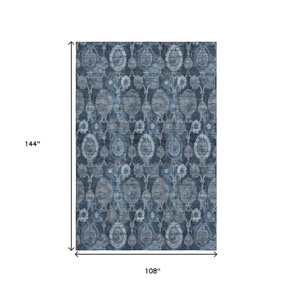 HomeRoots 9' X 12' Navy Blue & Gray Damask Washable Area Rug - Durable, Stain-Resistant, UV Protected Design! 666565