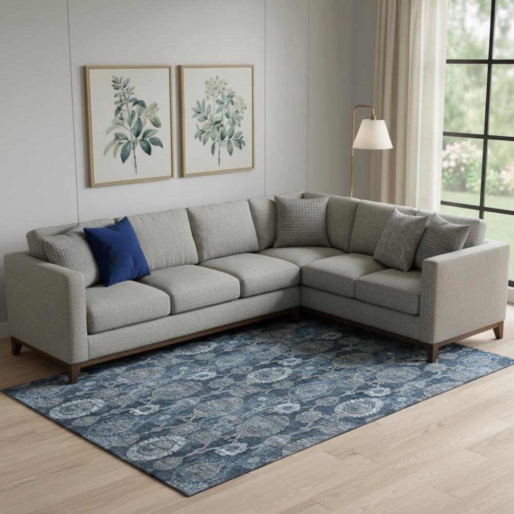 HomeRoots 9' X 12' Navy Blue & Gray Damask Washable Area Rug - Durable, Stain-Resistant, UV Protected Design! 666565