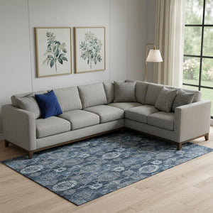 HomeRoots 9' X 12' Navy Blue & Gray Damask Washable Area Rug - Durable, Stain-Resistant, UV Protected Design! 666565