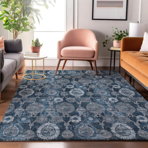 HomeRoots 9' X 12' Navy Blue & Gray Damask Washable Area Rug - Durable, Stain-Resistant, UV Protected Design! 666565